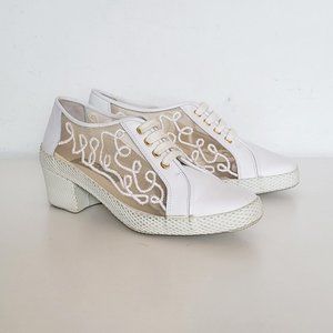 Stuart Weitzman White and Beige Lace Panel Heel Sneakers